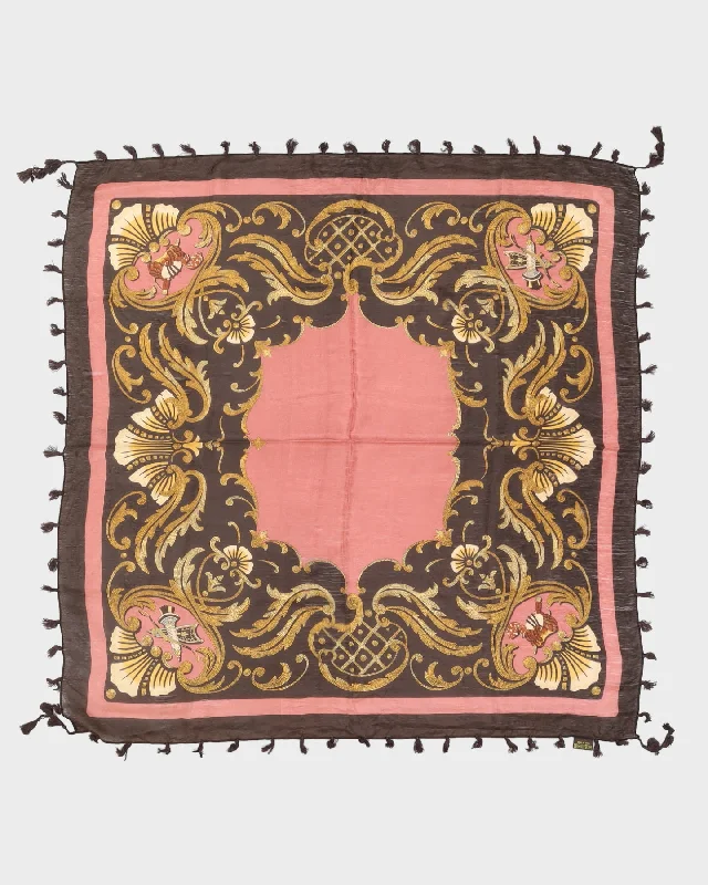 Brown And Pink Patterned Fringed Silk Scarf