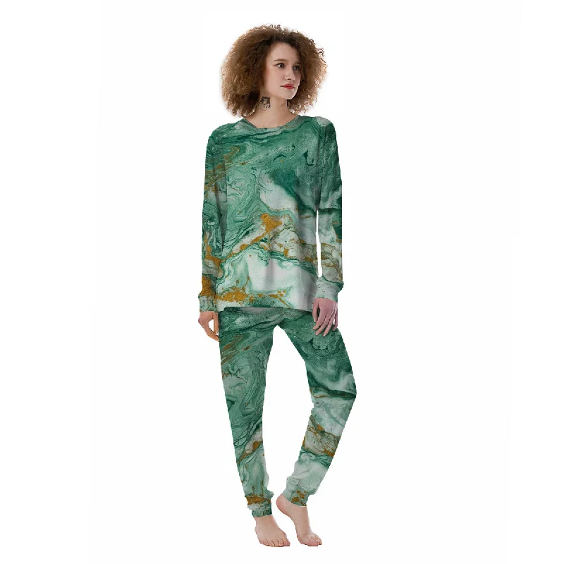 Golden And Green Marble Textue Print Women's Pajamas