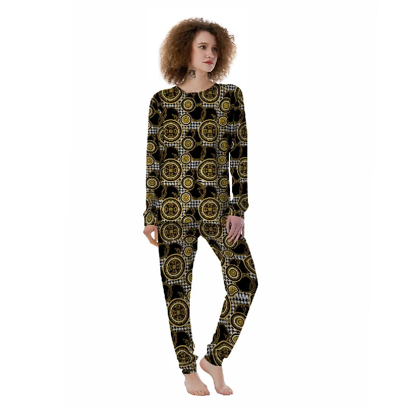 Golden Baroque And Black Houndstooth Print Pattern Women's Pajamas