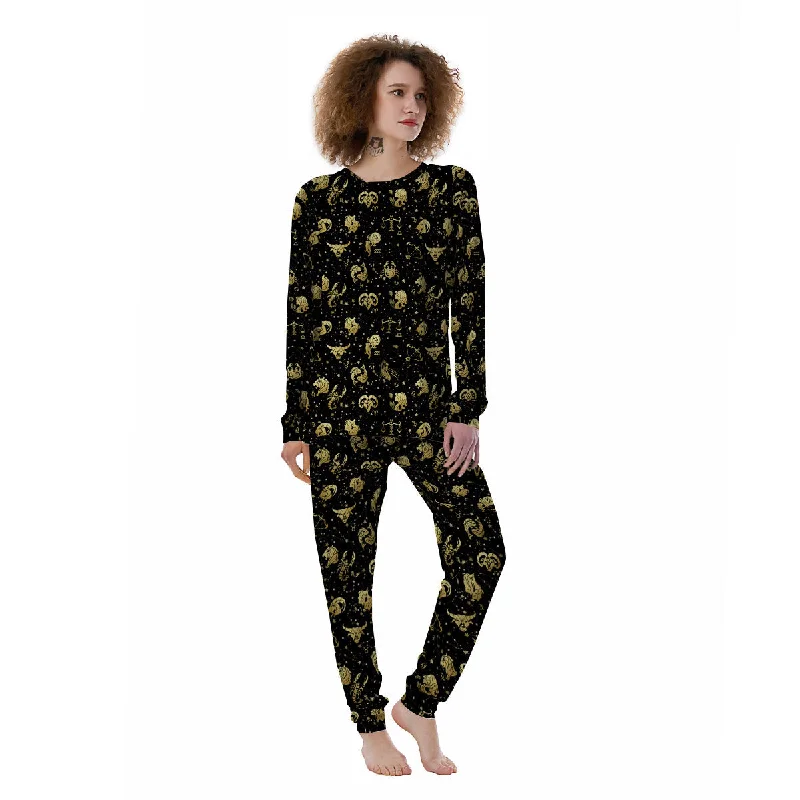 Golden Horoscope Zodiac Signs Print Pattern Women's Pajamas