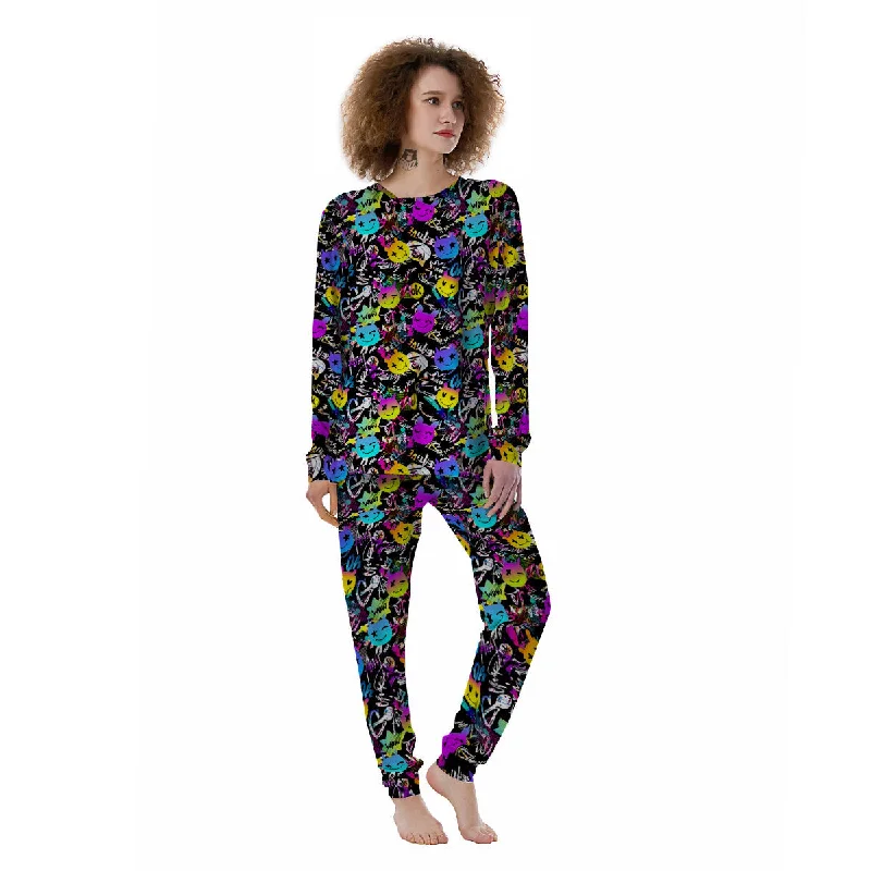 Graffiti Colorful Emoji Faces Print Pattern Women's Pajamas