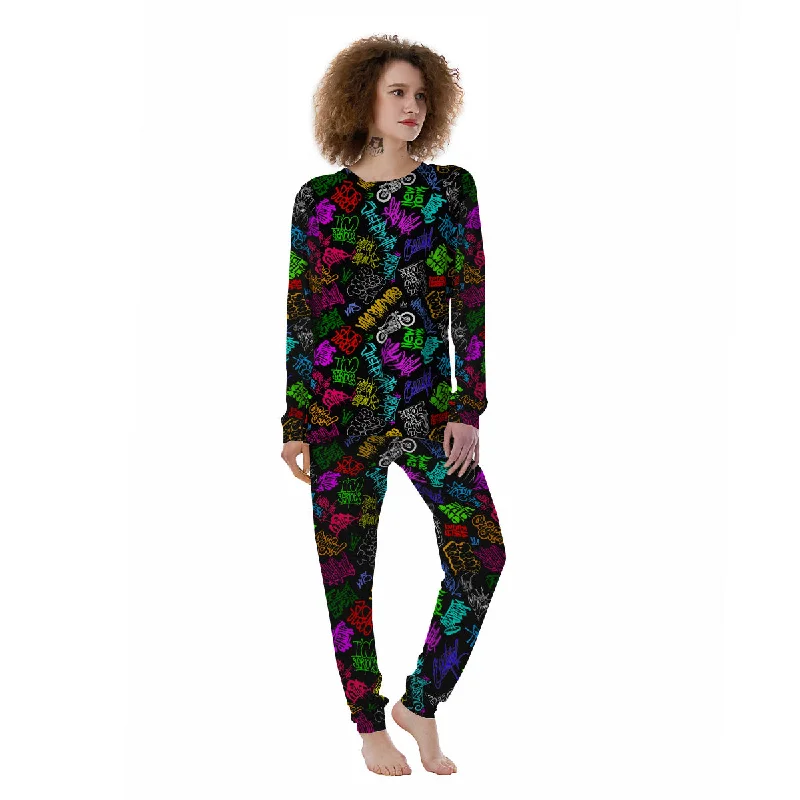 Graffiti Text Colorful Urban Elements Print Pattern Women's Pajamas