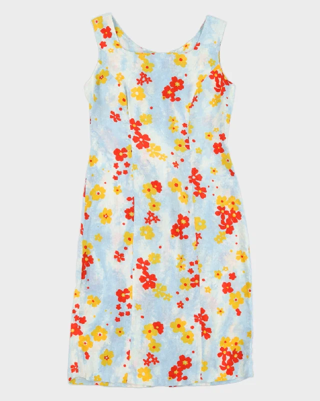 Vintage Blue Flower Print Dress - S