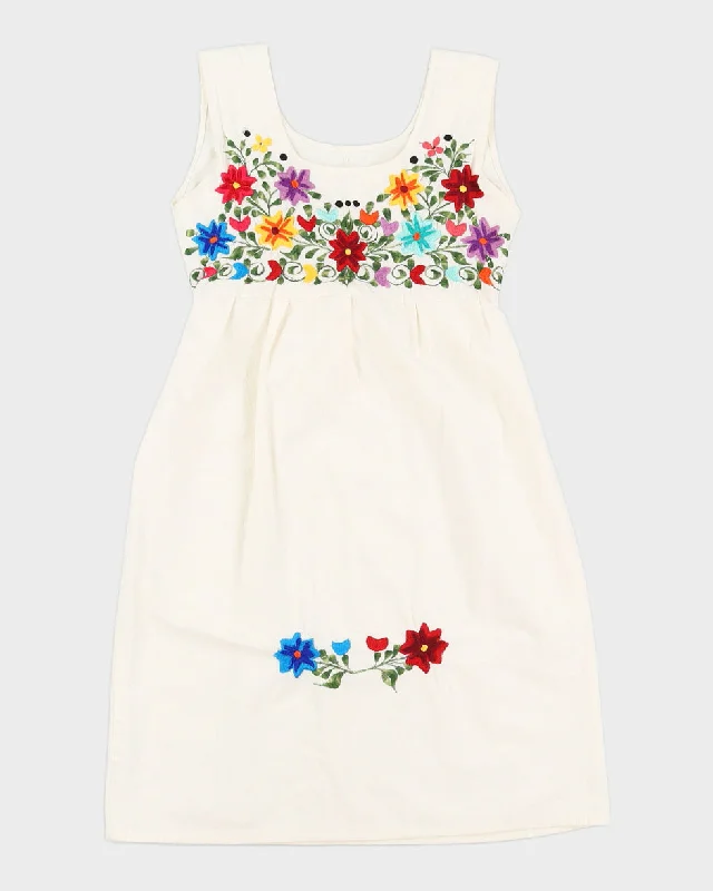 Vintage Floral Embroidered White Summer Dress - XS