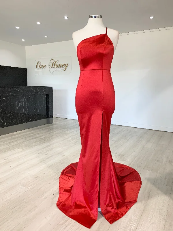 Honey Couture ABIGAIL Red Low Back Mermaid Evening Gown Dress