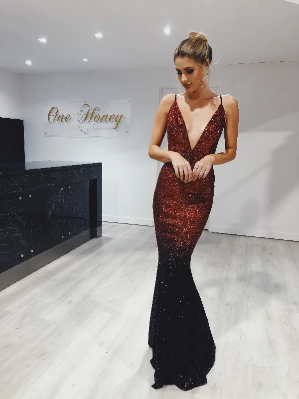 Honey Couture ELECTRA Black & Red Ombre Glitter Formal Gown Dress