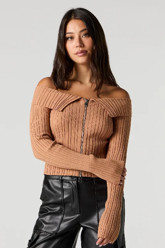 Wide Ribbed Off Shoulder Zip Up Top Cropped sweaters