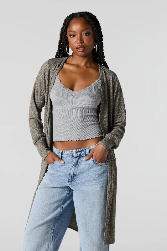 Ribbed Knit Longline Cardigan Soft-touch sweaters