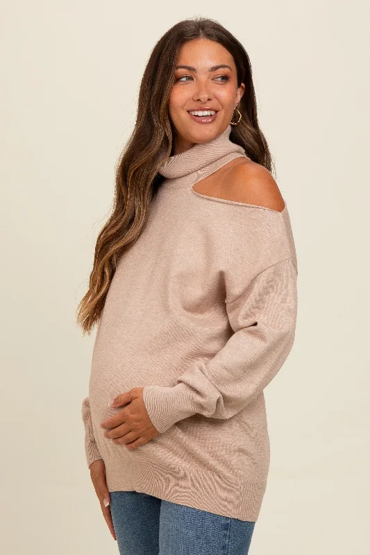 Beige Cold Shoulder Turtle Neck Maternity Sweater Fleece sweaters