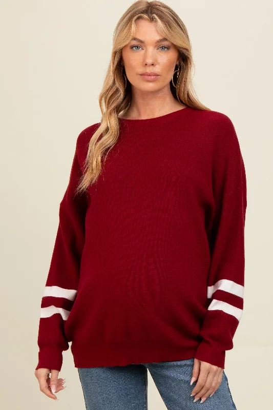 Burgundy Striped Sleeve Relaxed Fit Maternity Sweater UV protection sweaters