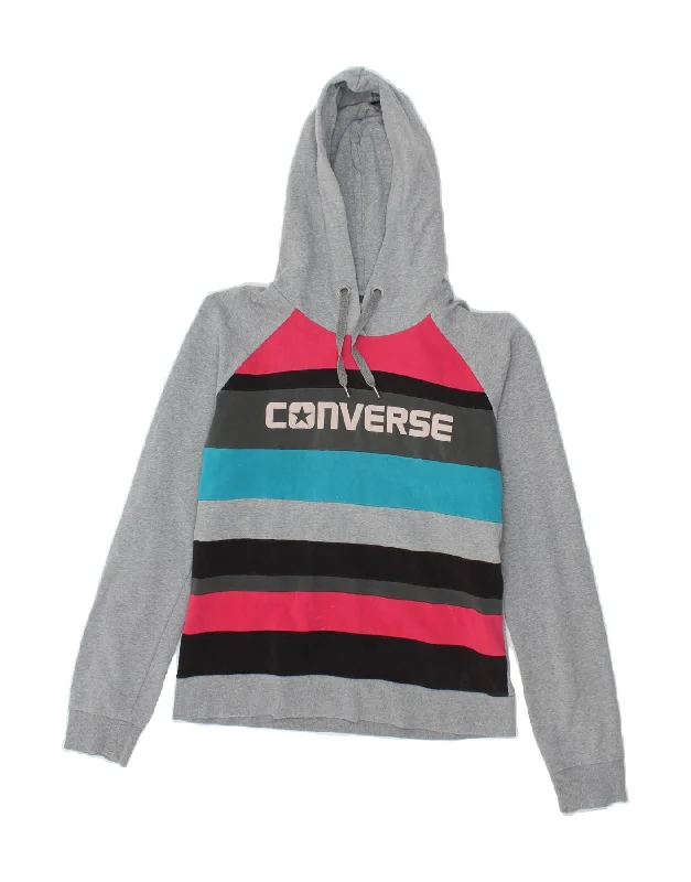 CONVERSE Womens Graphic Hoodie Jumper UK 12 Medium Grey Striped Cotton Women's sweaters