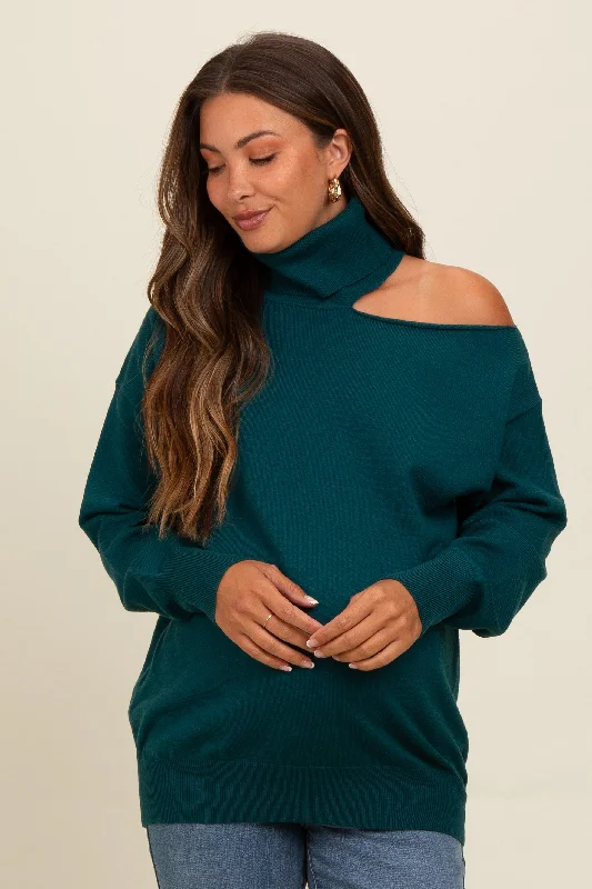 Dark Teal Cold Shoulder Turtle Neck Maternity Sweater Women's fashion sweaters sale