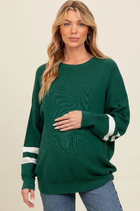 Forest Green Striped Sleeve Relaxed Fit Maternity Sweater Christmas sweaters