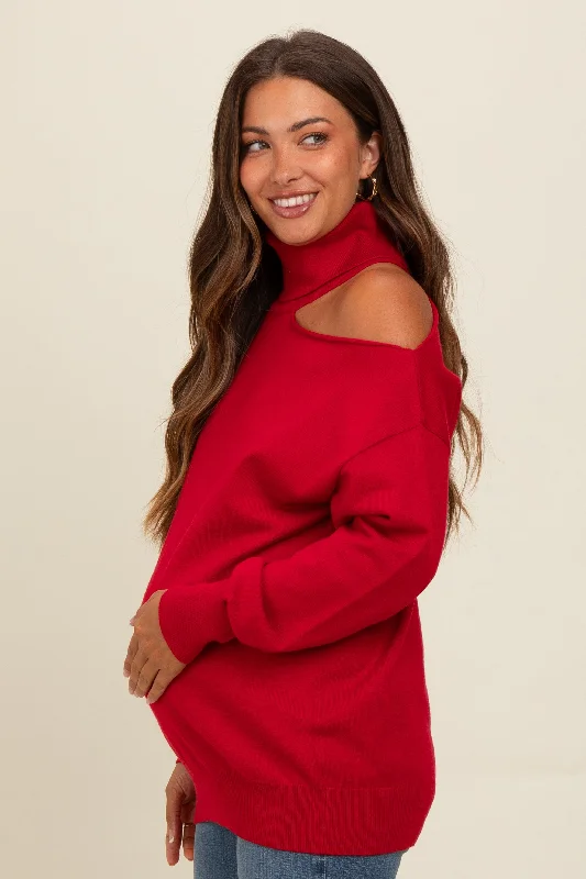 Red Cold Shoulder Turtle Neck Maternity Sweater Layering sweaters