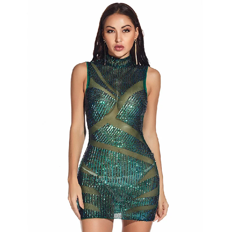 New Formal Sequin Stand Collar Mini Dress