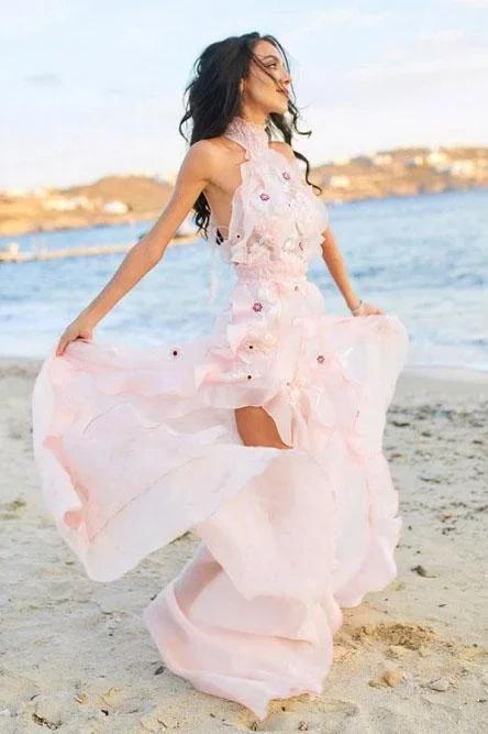 Boho Halter Backless Light Pink Chiffon Beach Wedding Dresses with Appliques Ruffles STI15082