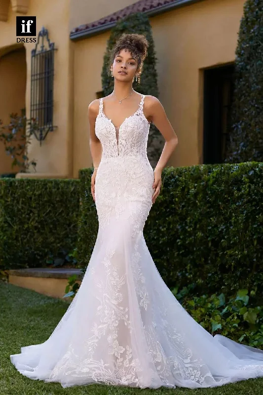 71131 - Vintage Straps V-Neck Lace Appliques Mermaid Wedding Gown with Train