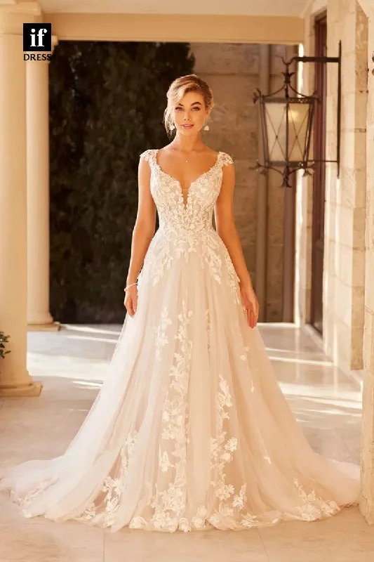 71132 - Elegant Straps V-Neck Lace Appliques A-Line Beach Wedding Dress with Train