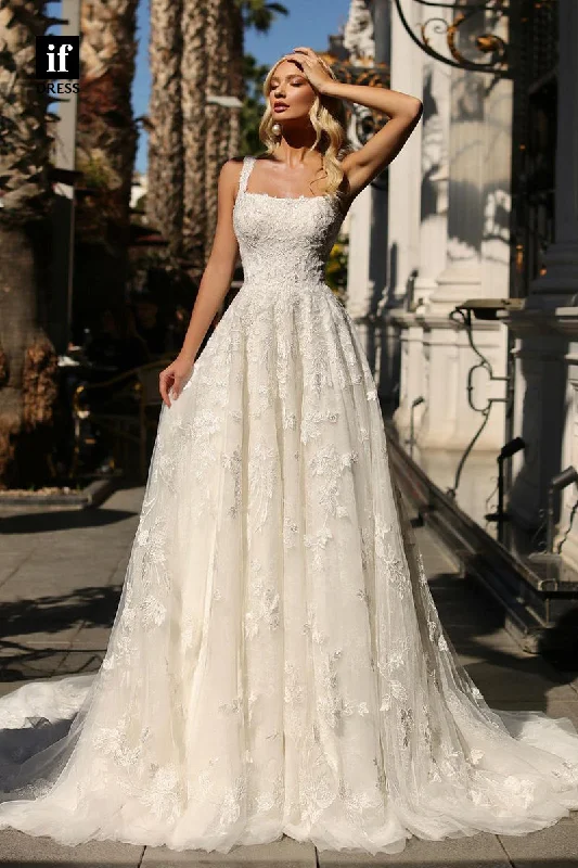 71134 - Classy A-Line Straps Lace Appliques Sleeveless Beach Wedding Dress with Train