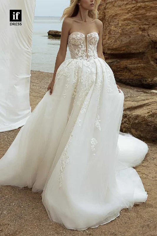 71183 - Romantic Strapless A-Line Appliques Sleeveless Tulle Beach Wedding Dress