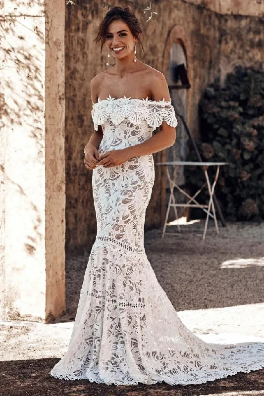 Elegant Off the Shoulder Ivory Lace Mermaid Beach Wedding Dress, Cheap Bridal Dress STI15188