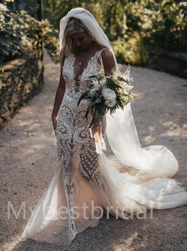 Sexy V-neck Spaghetti straps Mermaid Lace appique Wedding Dresses, WDY0237