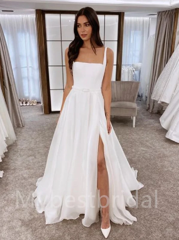 Simple Square neckline A-line Side slit Wedding Dresses,  WDY0202