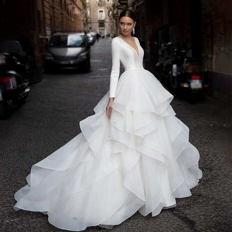 VLLUSISA Ruffled Tulle Ball Gown Wedding Dress V-neck Long Sleeve Satin Princess Bridal Gown