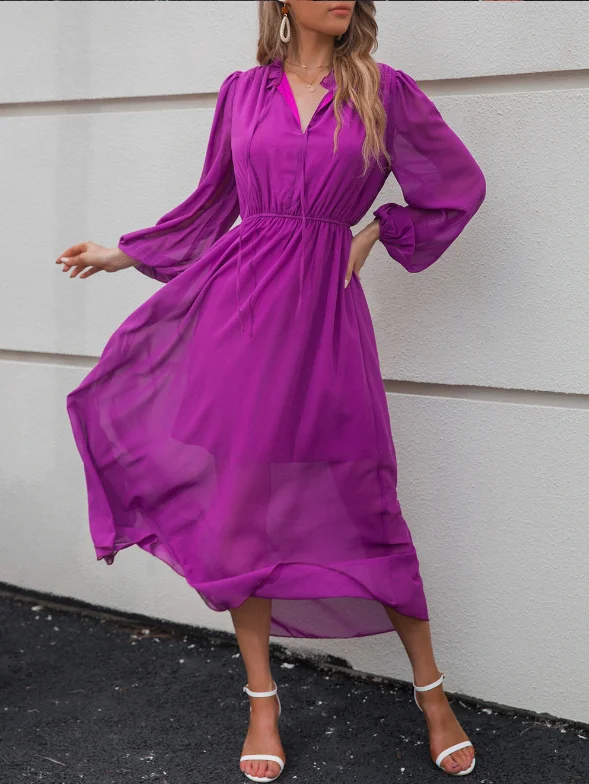 new V-neck high waist purple skirt strap dress