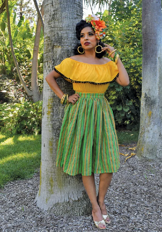 "Final Sale" Serape Striped Deluxe Beverly Gathered Skirt in Lime Green