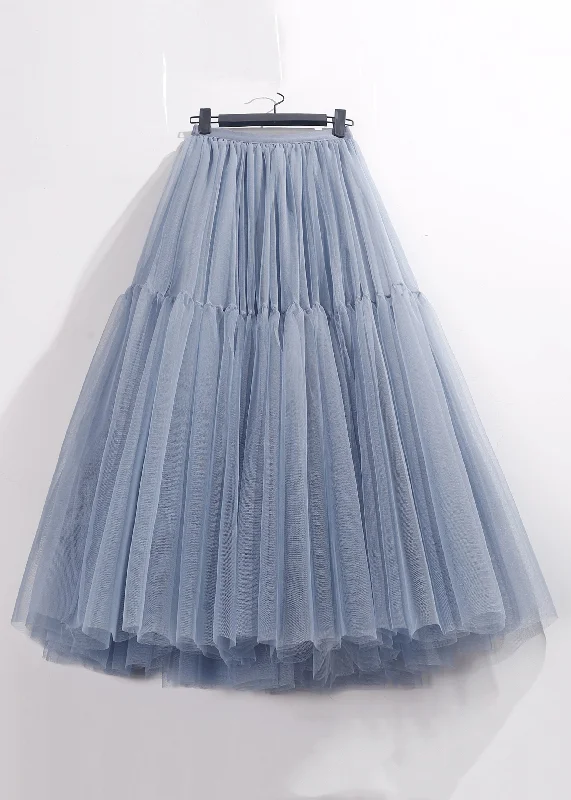 Loose Blue Solid High Waist Tulle Pleated Skirt