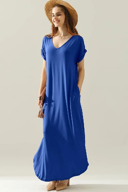 SHORT SLEEVE V-NECK MAXI DRESS WITH SIDE SLIT