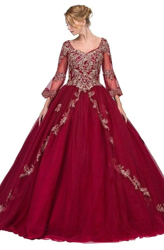 Eureka Fashion - 4188 Gold Embroidered V-neck Ballgown