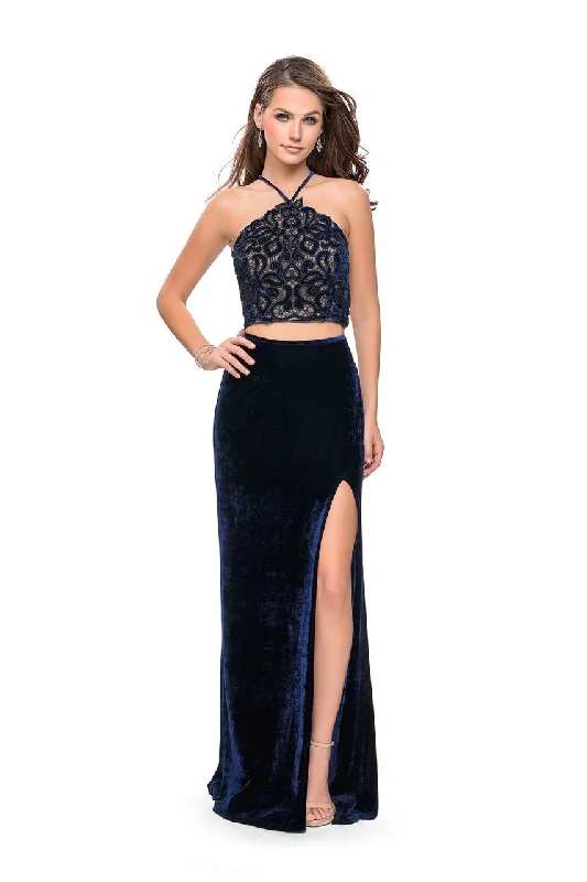 La Femme - 26115 Two Piece Halter Lace Velvet Evening Dress