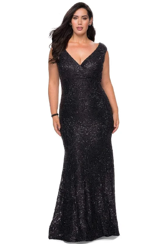 La Femme - 28837 V Neck Rhinestone Beaded Full Lace Simple Prom Gown