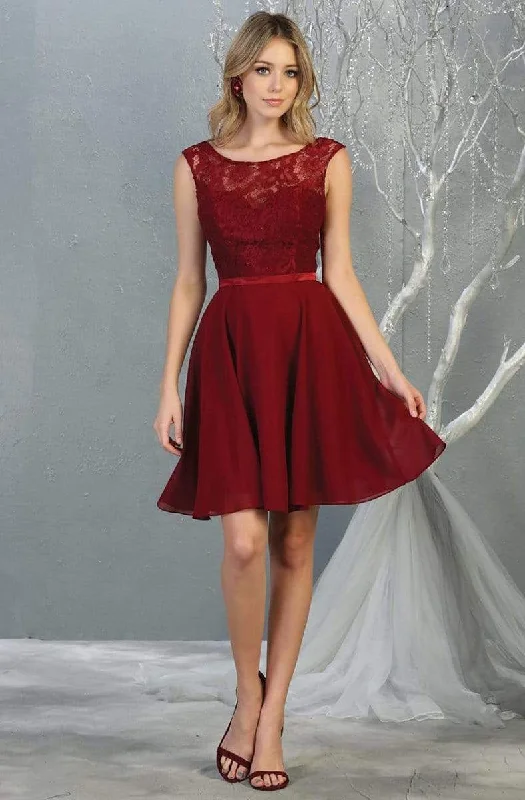 May Queen - MQ1814 Lace Chiffon Cocktail Dress with Lace-up Back