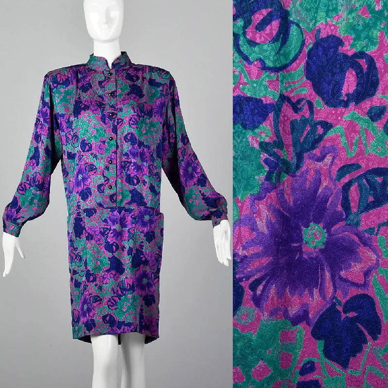 1980s Emanuel Ungaro Purple Floral Print Dress