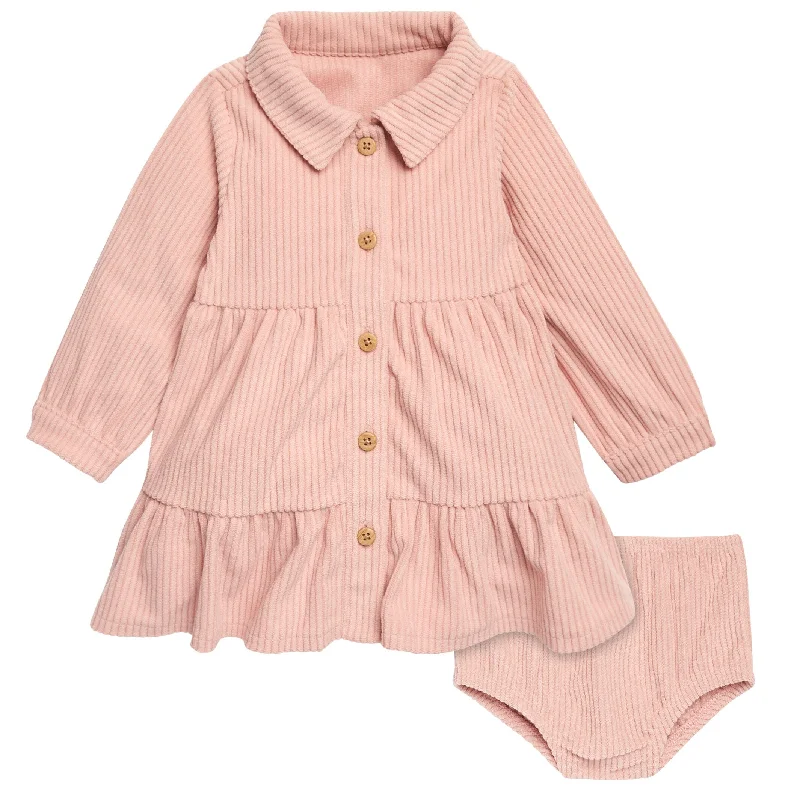 2-Piece Baby Girls Peach Corduroy Dress Set