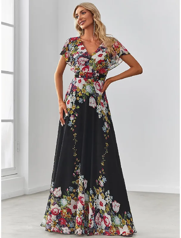 A-Line Evening Gown Elegant Dress Birthday Floor Length Short Sleeve V Neck Chiffon with Pattern Retro floral dresses