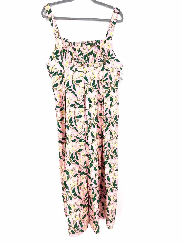 Agua Bendita Women's Pink/Green Empire Cotton Floral Size L Dress Vacation floral dresses