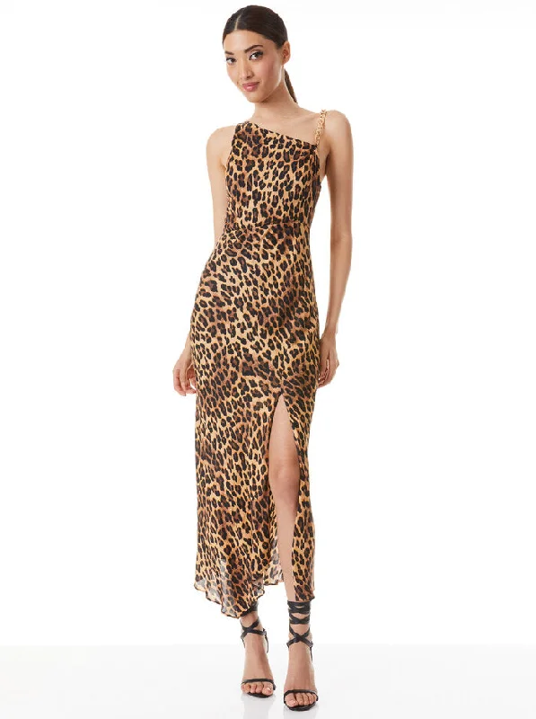 Alice + Olivia - Harmony Chain Strap Drapey Slip Dress - Spotted Leopard Dark Tan