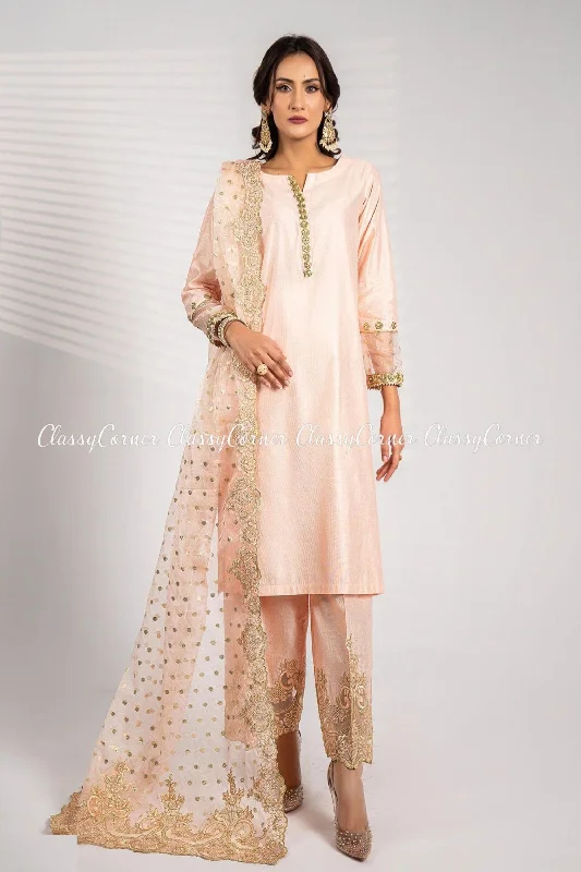 Apricot Peach Katan Embroidered Shalwar Kameez