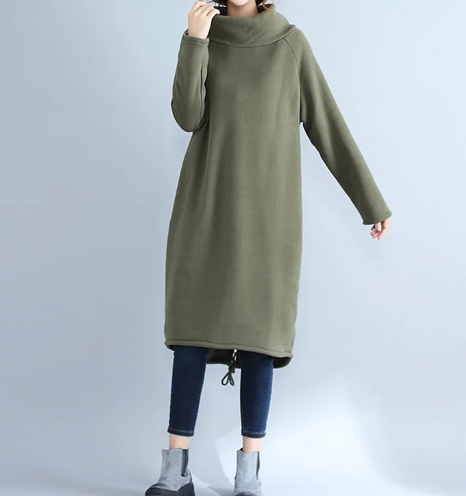 Army Green High Collar Fleece Loose Fall Dresses Casual Women Dresses SSM97213