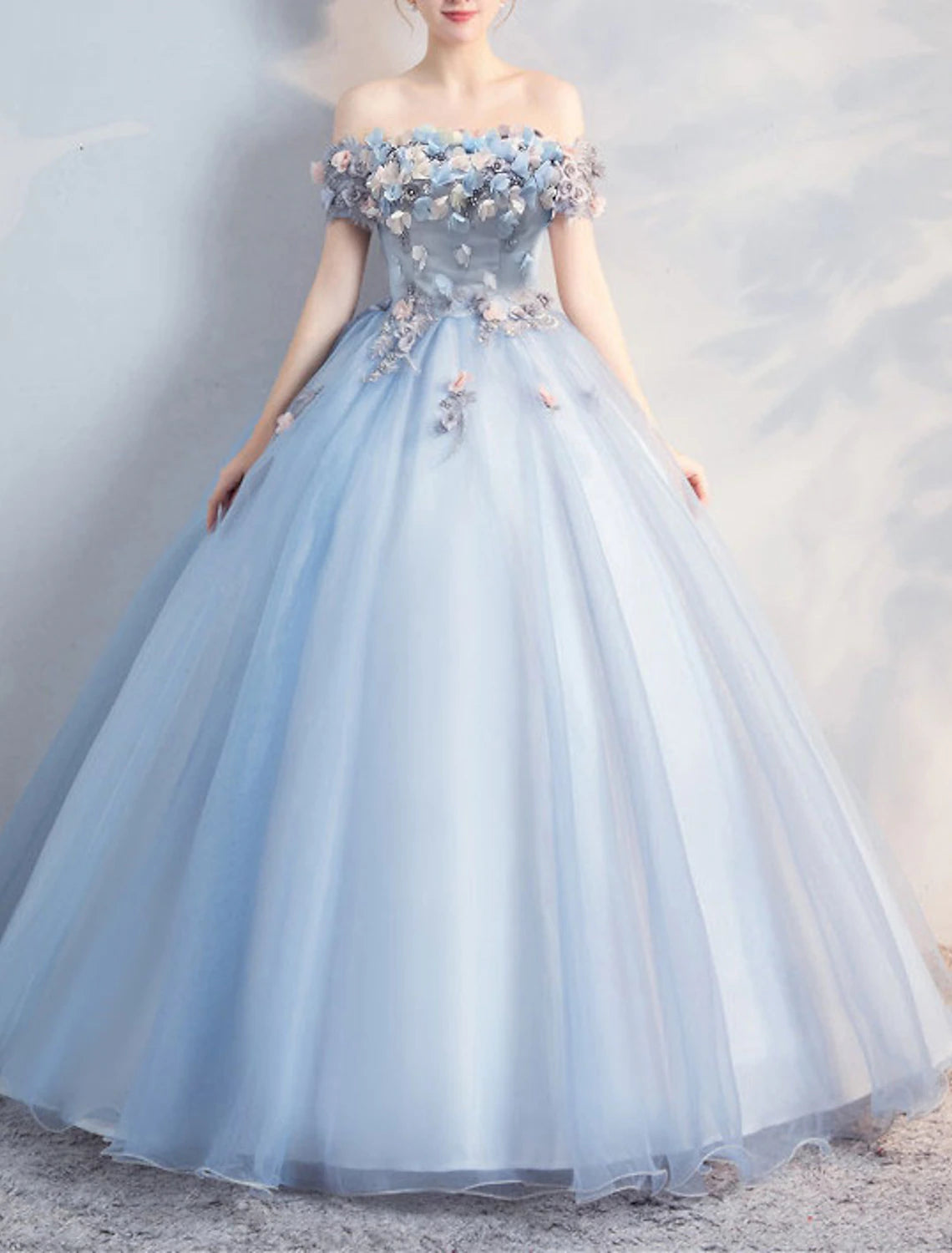 Ball Gown Floral Puffy Quinceanera Prom Dress Off Shoulder Short Sleeve Floor Length Polyester with Appliques Best floral dresses for elegant looks