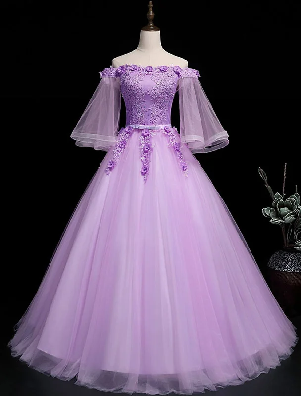 Ball Gown Luxurious Floral Quinceanera Prom Birthday Dress Off Shoulder 3/4 Length Sleeve Floor Length Tulle with Sash / Ribbon Embroidery Elegant floral dresses