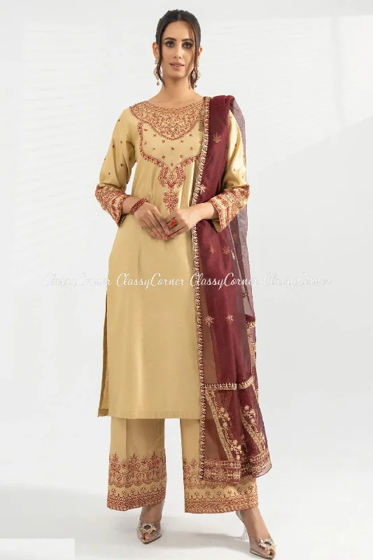 Beige Katan Embroidered Shalwar Kameez