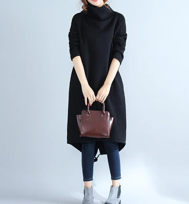 Black High Collar Fleece Loose Fall Dresses Casual Women Dresses SSM97213