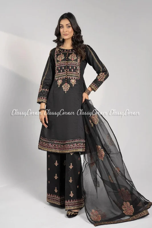 Black Katan Embroidered Readymade Frock Suit