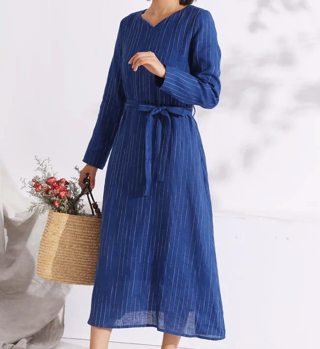 Blue Autumn linen Women Dresses Casual Fleece Lining Women Dress SSM97215