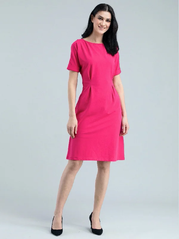 Boat Neck Drop Shoulder Knitted Fit & Flare Dress - Pink